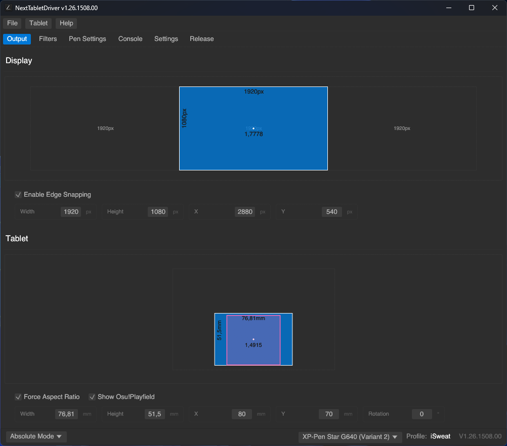 NextTabletDriver desktop app showing display target selection and tablet active-area mapping
